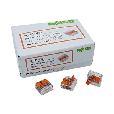Afbeelding van WAGO Plug in terminal 3 weg met hendel voor rigide (0,2 4 mm²) en flexibele (0,14 draden om opnieuw te openen, transparant/oranje, inhoud: 50 stuks