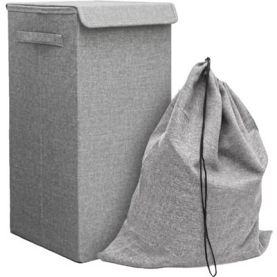 Afbeelding van 50L Wasmand met Deksel en Waszak 30x30x60 Stevige Wasverzamelaar Houten Frame Smalle Hoge...