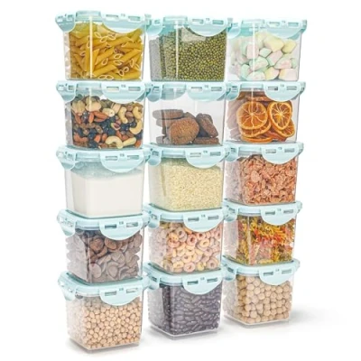 Afbeelding van BELLE VOUS 15 Pack 650ml Leak Proof Plastic Stacking Container Boxes Clear with Blue Lids