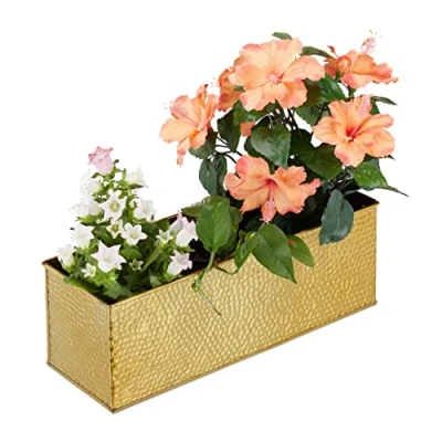 Afbeelding van Relaxdays plantenbak binnen, bloempotten &amp; planten, langwerpig, metaal, HBD: 13,5x40x12,5 cm, bloembak, geel