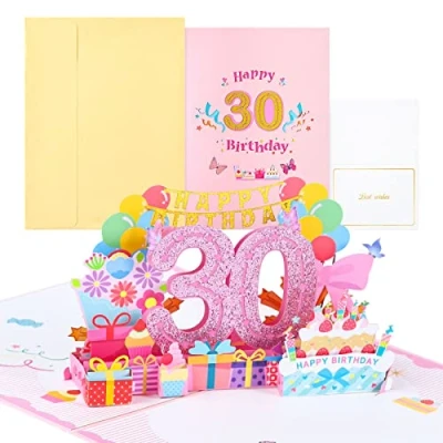 Afbeelding van Joyoldelf 30e verjaardagskaart, pop up wenskaarten, 3D kaart, verjaardagskaarten met envelop voor vrouwen, moeders, meisjes, mannen, vrienden, romantische cadeaukaart