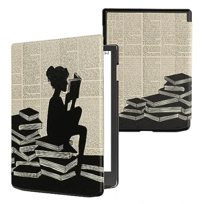 Afbeelding van kwmobile E reader hoesje geschikt voor Pocketbook InkPad 4 hoes flip case met magnetische sluiting Ereader cover Meisje boeken design in zwart / beige