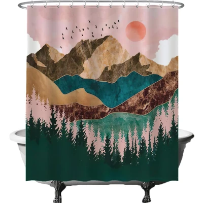 Afbeelding van Ulticool Douchegordijn Natuur Zon Bergen Bohemian 180 x 200 cm semi Transparant met 12 Ringen Wit anti Schimmel Bruin Roze Groen
