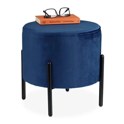 Afbeelding van Relaxdays hocker fluweel, ronde poef, gepolsterd, zwarte metalen poten, HxD: 38.5 x 40.5 cm, krukje velvet, blauw