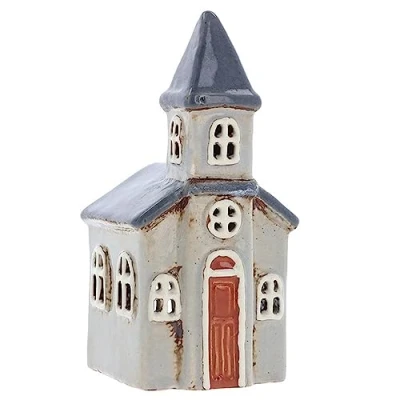 Afbeelding van Shudehill Giftware Village Pottery Kleine Kerk Theelichthouder Lichtgrijs/Donkergrijs 330990