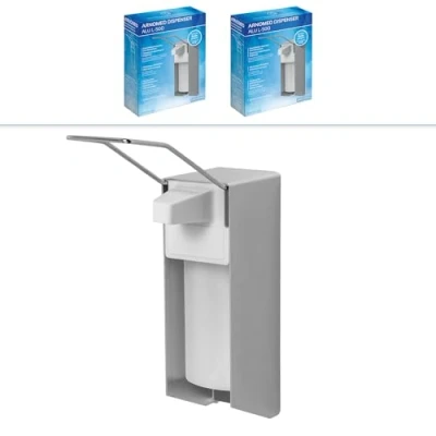 Afbeelding van ARNOMED 2x aluminium desinfectiemiddeldispenser, desinfectiemiddeldispenser voor 500 ml, dispenser met lange armhendel, zeepdispenser wandmontage, zeepdispenser, wand