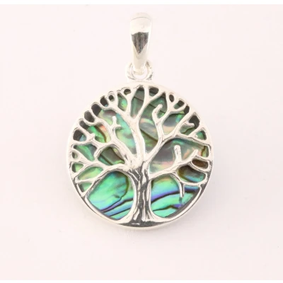 Afbeelding van Fijne ronde zilveren hanger met levensboom op abalone schelp