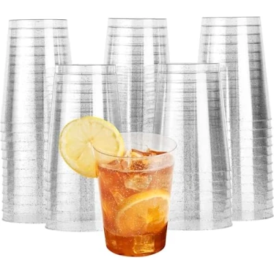 Afbeelding van MATANA 60 Harde Plastic Bekers met Zilveren Glitter, 285ml / 10oz Herbruikbaar Cocktailglazen voor Verjaardagen, Bruiloften, Doopfeesten, Kerstmis Elegant en Stevig
