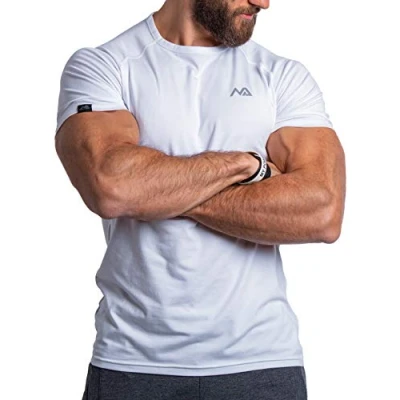 Afbeelding van Heren fitness T shirt modal mannen korte mouwen voor gym &amp; training pasvorm slim fit, lang met ronde hals, wit, M