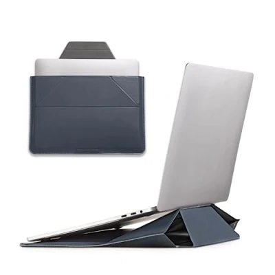 Afbeelding van MOFT Laptoptas, hoes en laptopstandaard voor 13 14 inch laptop, veganistisch leren laptoptas met uitbreidbare opbergruimte, 2 verstelbare hoeken, compatibel MacBook Air/Pro inch, diepblauw