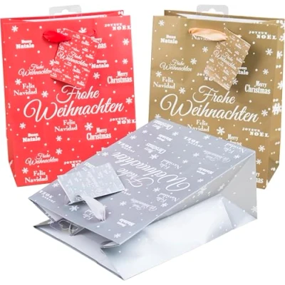 Afbeelding van 25 cadeautassen van papier met glitter, Merry X Mas, 3 kleuren (12x rood, 7x goud, 6x zilver)