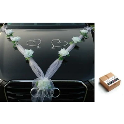 Afbeelding van ORGANZA M + harten bruidspaar roos decoratie auto autosieraden bruiloft ratan slinger ®Auto schmuck PKW (wit/wit)