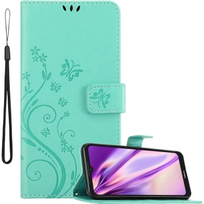 Afbeelding van Cadorabo Hoesje geschikt voor Nokia C21 in BLOEMEN TURKOOIS Beschermhoes bloemmotief met magnetische sluiting, standfunctie en kaartsleuven Book Case Cover Etui
