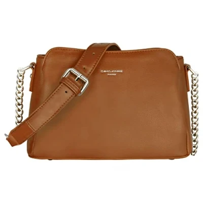 Afbeelding van David Jones Kleine schoudertas voor dames handtas met ketting schouder 3 zakken, schoudertas, messenger tas, telefoon, PU leer, stad, reizen, winkelen, mode, chic, Cognac bruin, Taille