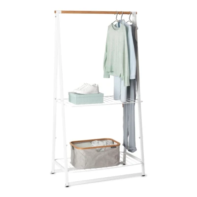 Afbeelding van Brabantia Linn Kledingrek, Multifunctioneel, Bamboe Roede, Hangplek, Hoogte Verstelbare Rekken, Antislipvoetjes, Drogen, Plaats voor 28 Kleerhangers, Ruimtebesparend Opbergen, White, Large