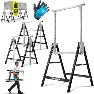 Afbeelding van MASKO® Schraag Telescopische werkbok, set van 2, klapbok, max. belastbaarheid 200 kg, onderstel bok, in hoogte verstelbaar min. / werkhoogte 800 1300 mm, steigerbok incl. handschoenen, zwart