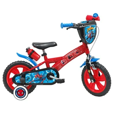 Afbeelding van ATLAS 12&#039; Spiderman fiets uitgerust met 1 rem, decoratieve voorplaat, spatborden, behuizing en zijwieltjes. Jongen, rood