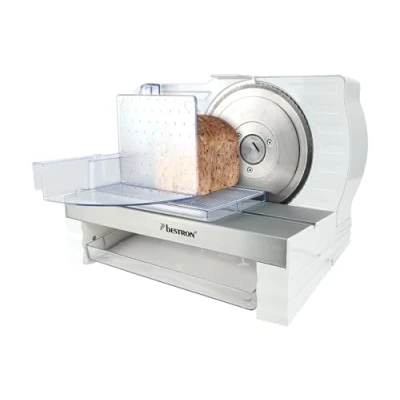 Afbeelding van Bestron Broodsnijmachine, met RSG rvs mes Made in Germany, traploze snijdikte instelling van 0 20 mm, universele broodsnijder keuzeknop voor automatische en handmatige bediening, kleur: Wit