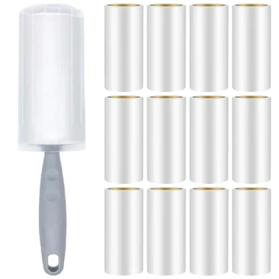 Afbeelding van Omtofo 12 rollen pluisrollen met 1 rol, 60 vellen extra kleverige haarkrullen, dierenharen, voor kleding, haar, bank, bed, kattenhaar, hond