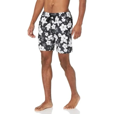 Afbeelding van Amazon Essentials Men&#039;s Sneldrogende zwembroek met binnenbeenlengte van 18 cm, Zwart Hibiscusbloem, XS
