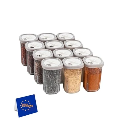 Afbeelding van IDOBY Set van 12 kruidenpotjes kunststof, transparante kruidenpotjes, BPA vrije kunststof camping kruidenbox, keuken, zout en peperstrooier, voor het bewaren specerijen