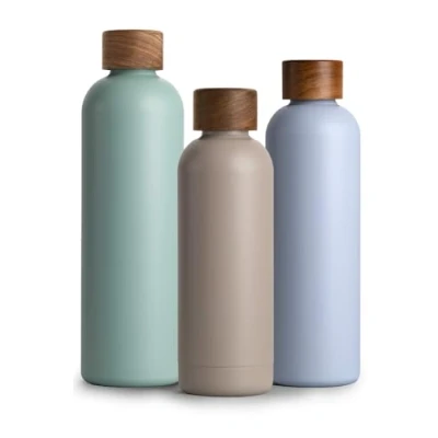 Afbeelding van Roestvrijstalen drinkfles, 500 ml, thermosfles, 0,5 l, met acaciahouten deksel, geïsoleerde waterfles, lekvrij bij koolzuur, thermosfles moddergrijs