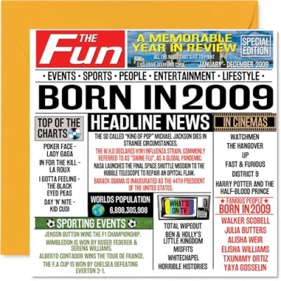 Afbeelding van 15e verjaardagskaarten voor jongens meisjes geboren in 2009 krant Happy 17 verjaardagskaart zoon dochter neef vintage retro terug 2009, 145 mm x vijftien vijftiende verjaardag