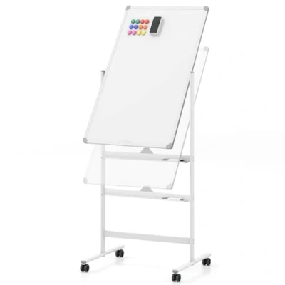 Afbeelding van COSTWAY Dubbelzijdig mobiel whiteboard, 60 x 100 cm, in hoogte verstelbaar magnetisch whiteboard met wieltjes, standaard en pennenbakje, incl. accessoires voor school, kantoor, thuis (wit)