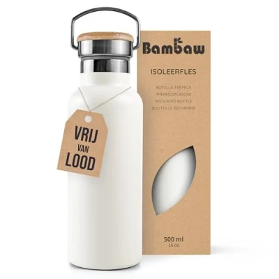 Afbeelding van Bambaw® 500ml RVS Thermosfles Isoleerfles, Dubbelwandig, Lekvrijen, loodvrij en Plasticvrij Geïsoleerde Fles met Bamboe Deksel voor Warme Koude Dranken Ideaal Reizen, Werk, Yoga, Wandelen Dagelijks Gebruik wit
