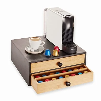 Afbeelding van Navaris bamboe capsulehouder met lades 33 x 35 14 cm Koffiecups houder voor max. 72 cups Zwart