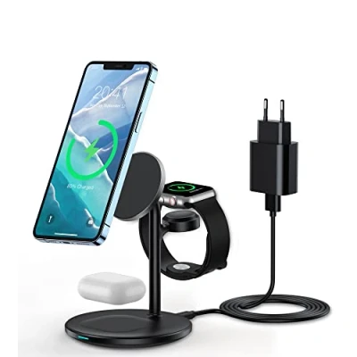 Afbeelding van 3 in 1 inductief laadstation voor Apple apparaten, compatibel met Mag Safe oplader iWatch Ultra/8/7/SE/6/5/4/3, AirPods, 15 W iPhone 15/14/13/12 Pro Max/Plus/Pro/Mini, draadloze