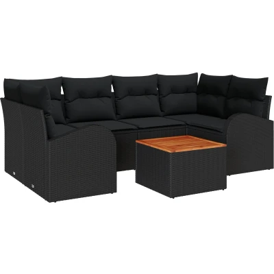 Afbeelding van vidaXL 7 delige Tuin Sofa Set met Kussens Zwart Poly Rattan Acacia