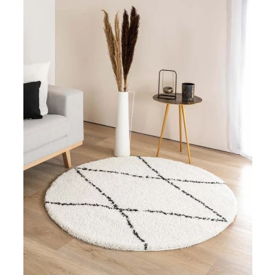 Afbeelding van Rond Hoogpolig Vloerkleed Ruit Artisan Wit/zwart 280 Cm
