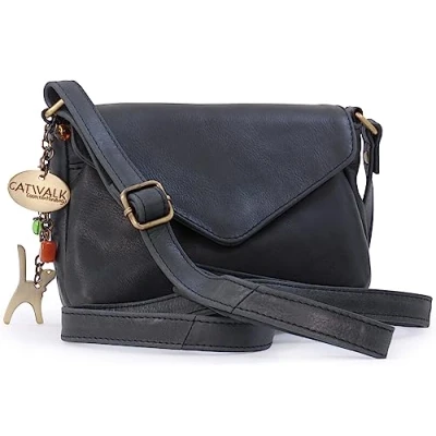 Afbeelding van CATWALK COLLECTION HANDBAGS Kleine Leren Crossbody Tas voor Dames Schoudertas Verstelbare Schouderriem ERIN Zwart