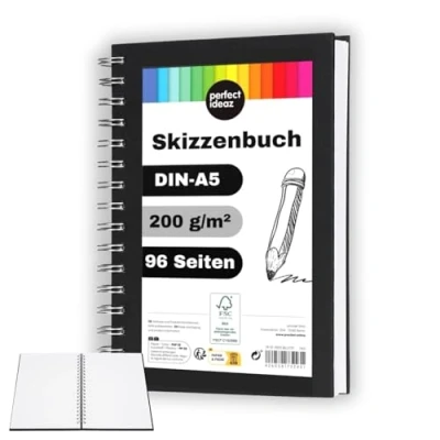 Afbeelding van perfect ideaz DIN A5 schetsboek 96 bladzijden (48 vellen), professionele tekenblok, hardcover in zwart, spiraalband met blanco papier wit, 200 g, leeg Sketch &amp; Black Book om te tekenen