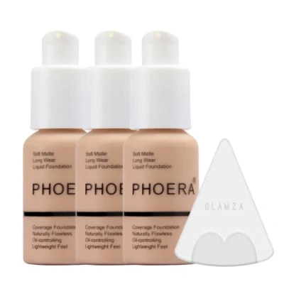 Afbeelding van Glamza Phoera foundation make up set met volledige dekking 24 uurs langdurige oliebestrijding zachte gladde matte vlekkeloze concealer crème Inc x3 30 ml en siliconen blender spons (103 warme perzik)