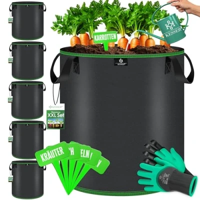 Afbeelding van KESSER® plantenzak 20 liter, 5 stuks, Kweekzak van vliesstof met naambordjes, aardappelplantenzak ramen en handgrepen, voor groenten, bloemen, vruchten, zwart