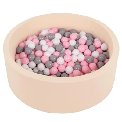 Afbeelding van SELONIS Zacht en rond ballenbad voor kinderen, 90 x 30 cm, met 200 ballen, beige: wit/grijs/lichtroze