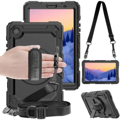 Afbeelding van TECHGEAR Utility Beschermhoes compatibel met Samsung Galaxy Tab A7 Lite 2021 8,7 inch (SM T220/T225), hard, stootbescherming 360 graden draaibare standaard, schouderriem en handgreep zwart