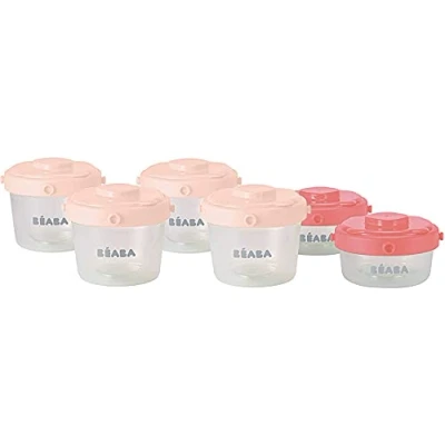 Afbeelding van BÉABA Set van 6 bewaarbekers voor babyvoeding Stapelbare en met clip te bevestigen containers 100% luchtdicht maatverdeling Geschikt de vriezer 2 x 60 ml + 4 120 Roze