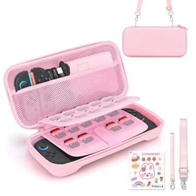Afbeelding van Younik Switch 2 Hoesje compatibel met NS (2025), draagtas 19 spelkaartsleuven, 4 in 1 accessoires, inclusief schouderriem, polsband en stickers (roze)