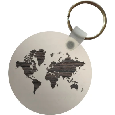 Afbeelding van Sleutelhanger Wereldkaart Bruin Hout Plastic Rond Uitdeelcadeautjes