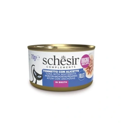 Afbeelding van Schesir Cat in bouillon tonijn met ansjovis, nat kattenvoer eigen kookbouillon, 24 blikjes x 70 g, 1 stuk (24 stuks)