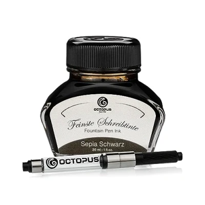 Afbeelding van Octopus Fluids sepia Schwarz schrijfinkt inclusief converter, vulpeninkt in inktglas, kalligrafie inkt, zwart 30ml inktpot
