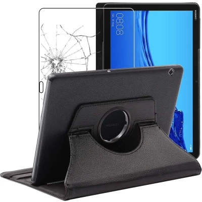 Afbeelding van ebestStar Hoes voor Huawei MediaPad T5 10.1, Roterende Etui, Case, 360 Draaibaar hoesje, Zwart + Gehard Glas