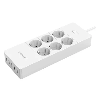 Afbeelding van Orico Stekkerdoos met zes stopcontacten en vijf USB laadpoorten 1.5M kabel 4000W Wit