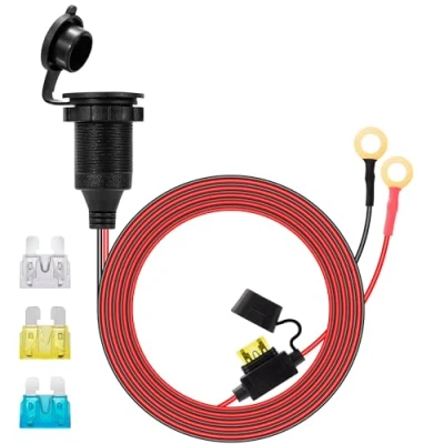 Afbeelding van GUNGY Sigarettenaansteker met verlengkabel, 2 m, 14 AWG, sigarettenaansteker, auto, 12 V/24 V DC, waterdicht, te installeren 20 A zekering voor boot, motorfiets