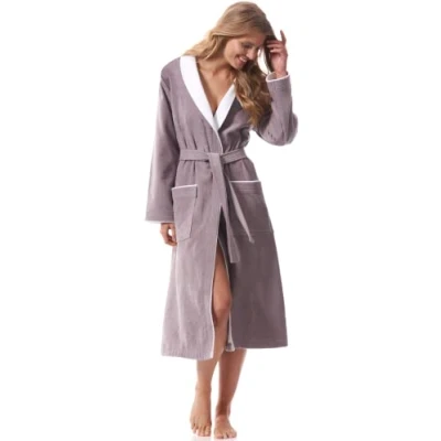 Afbeelding van Morgenstern Badjas Dames I Badstof Velours 100% Katoen Lang Beige Grijs L met sjaalkraag