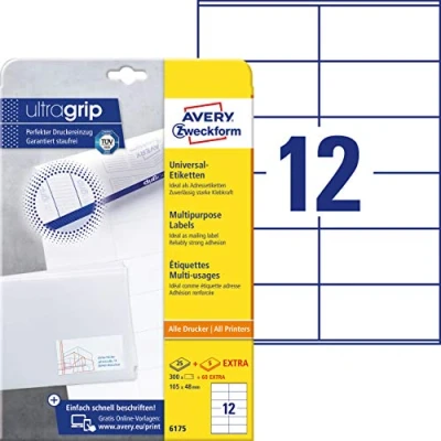Afbeelding van AVERY Zweckform 6175 adresstickers (300 plus 60 zelfklevende etiketten extra, 105x48mm op A4, mat papier, bedrukbare afzenderetiketten, adreslabels met ultragrip) 30 vellen, wit