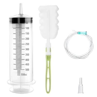 Afbeelding van GOLDEROC 1 grote spuit 500 ml met slang, flessenborstel, oliespuit doseerspuit van kunststof, herbruikbare plastic voor laboratorium, tuin, dierenvoeding en industrie
